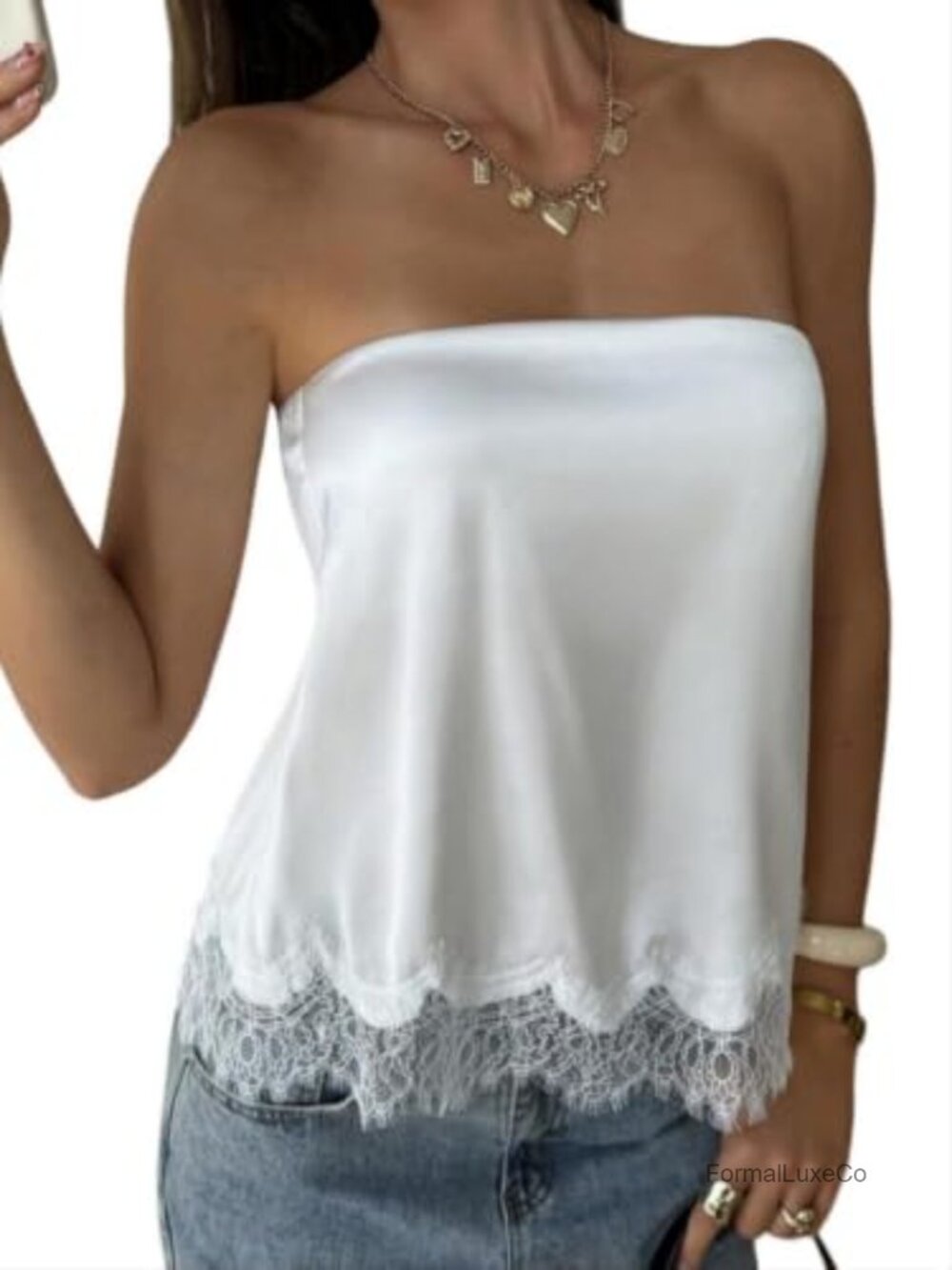 Lace Trim Satin Tube Top Strapless Sleeveless Going Out Tunic